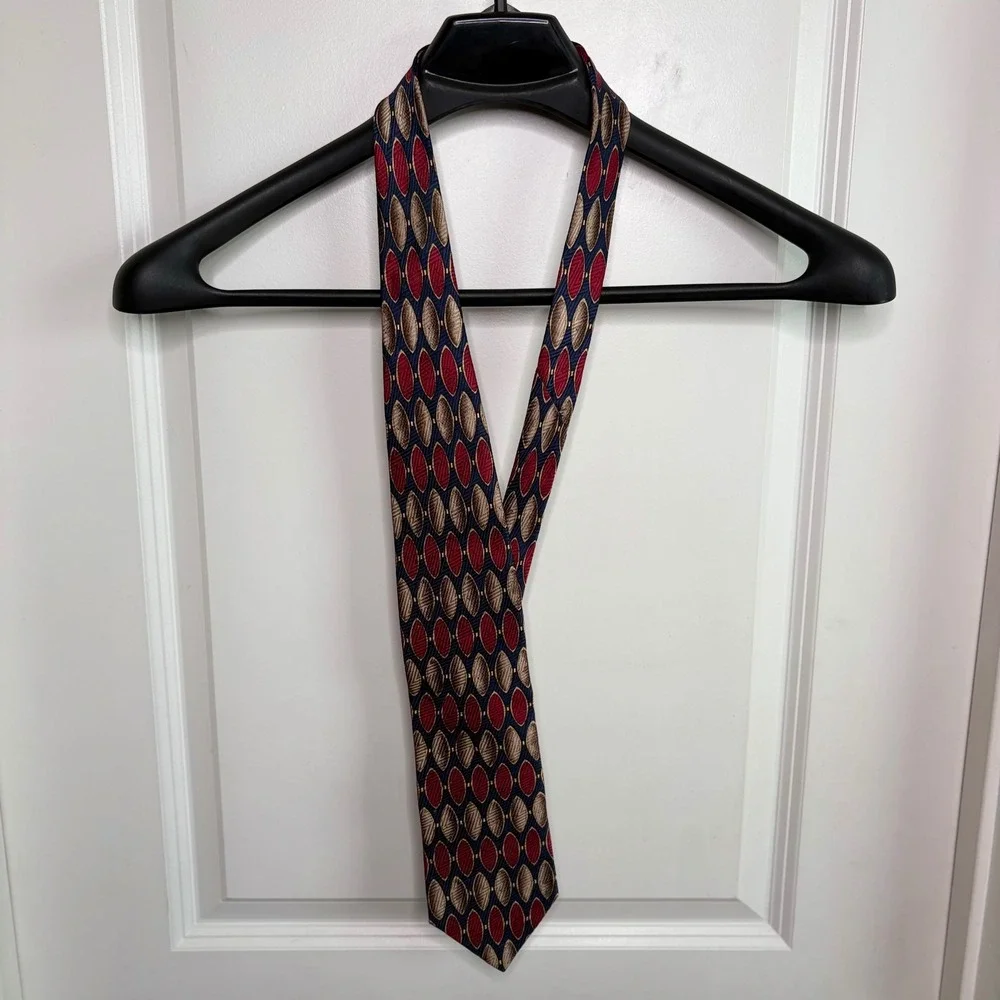 Palatina Mens Silk Tie Red Gold Navy Blue Geometric Oval Pattern Vintage Style